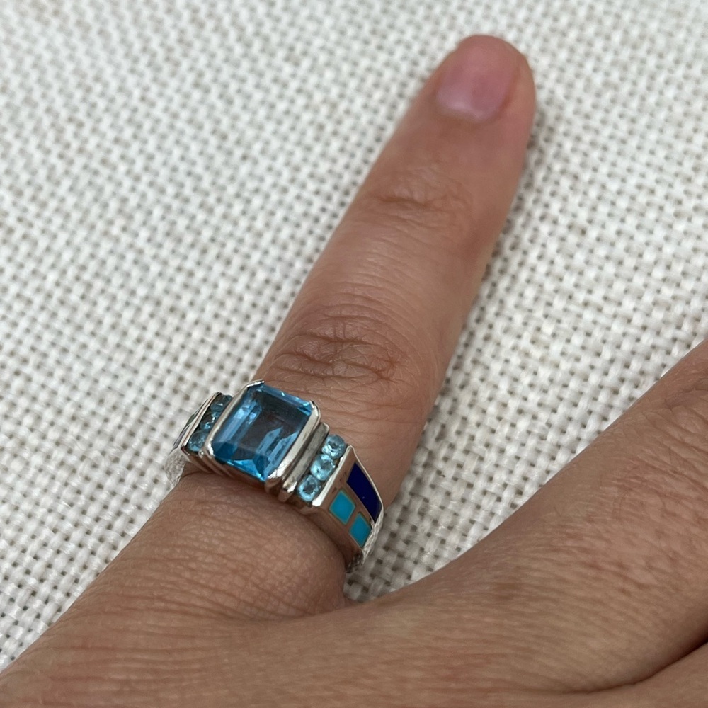 Vintage 925 Sterling Silver Turquoise Lapis Inlay Ring Size 5 - Picture 9 of 16